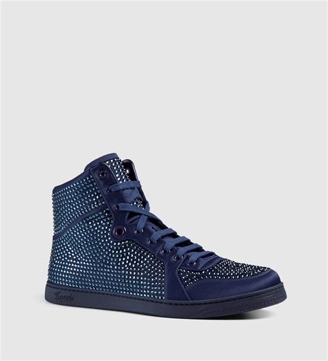 gucci high top sneakers with crystal studds in blue|gucci ace style sneakers.